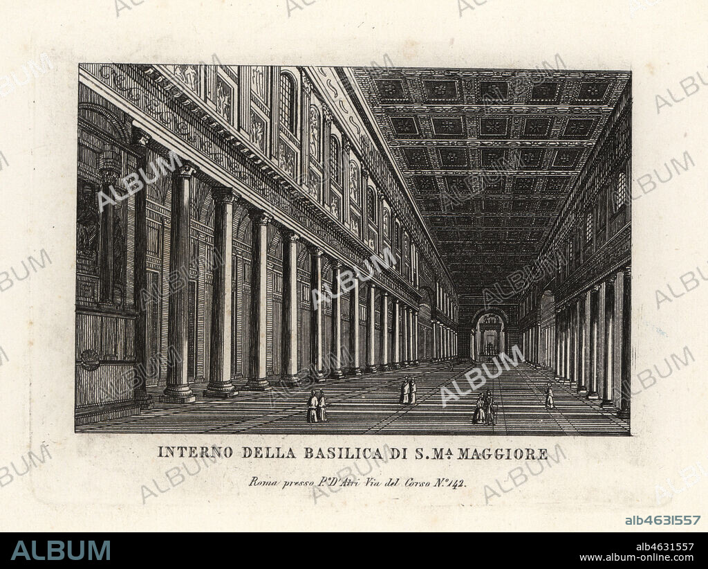 View of the interior of the Basilica di Santa Maria Maggiore, Church of Saint Mary Major, Rome. Copperplate engraving from Pietro Datri's New Collection of Principal Views of Rome Ancient and Modern with the ruins of war, Rome, 1849.
