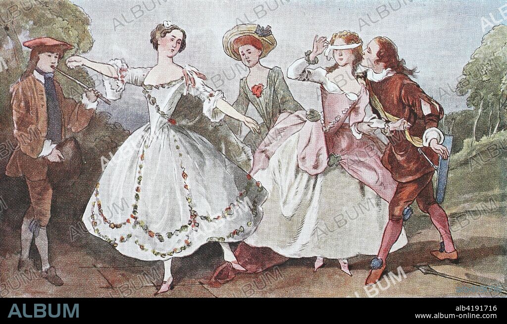 Fashion, clothing, costumes in France, rococo-style clothing in a 1725 dance, dancer Camargo after a painting by Nicilas Lancret in 1740, digital improved reproduction from an original from the year 1900.