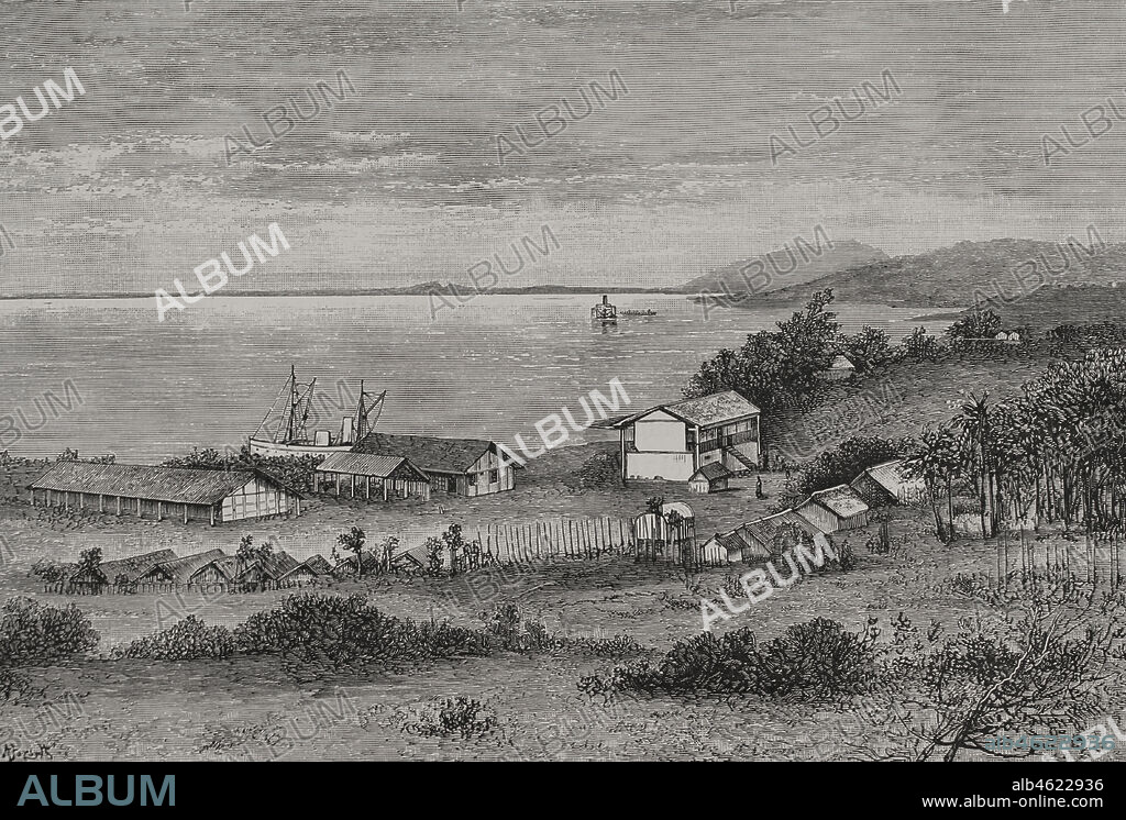 Historia de Africa. Siglo XIX. Vista del río Congo y la factoría inglesa de Boma. Grabado. El Congo y la Creación del Estado Independiente de este nombre. Historia de los Trabajos y Exploraciones Verificados, por Enrique M. Stanley. Editada en Barcelona, hacia 1890. España.