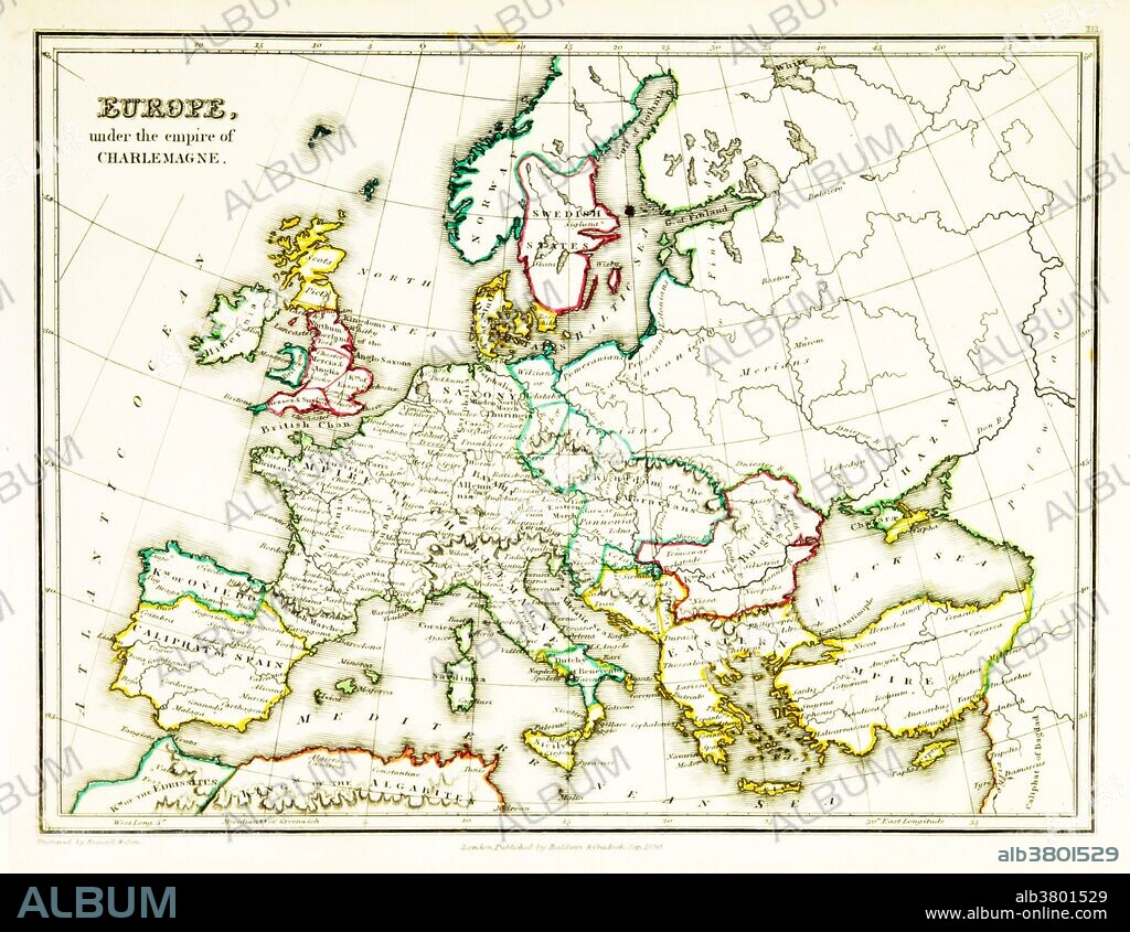 A map of Europe, showing territorial borders existing in the 9th century, under the reign of Charlemagne. Charlemagne (748-814) was the King of the Franks from 768, the King of Italy from 774, and from 800 the first emperor in western Europe since the collapse of the Western Roman Empire three centuries earlier. The expanded Frankish state he founded is called the Carolingian Empire. Map published in 1831.