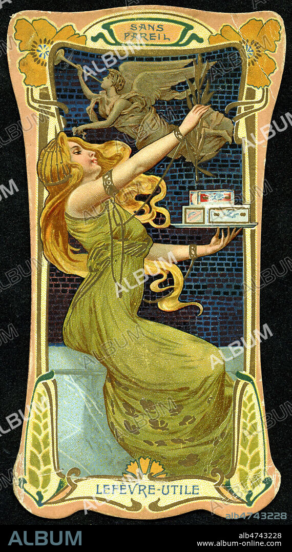 'Sans pareil' : femme tenant des boites de biscuits LU. Chromo publicitaire LEFEVRE-UTILE vers 1900, dans le style art nouveau. Illustration anonyme. Credit Collection Dixmier/KHARBINE-TAPABOR.