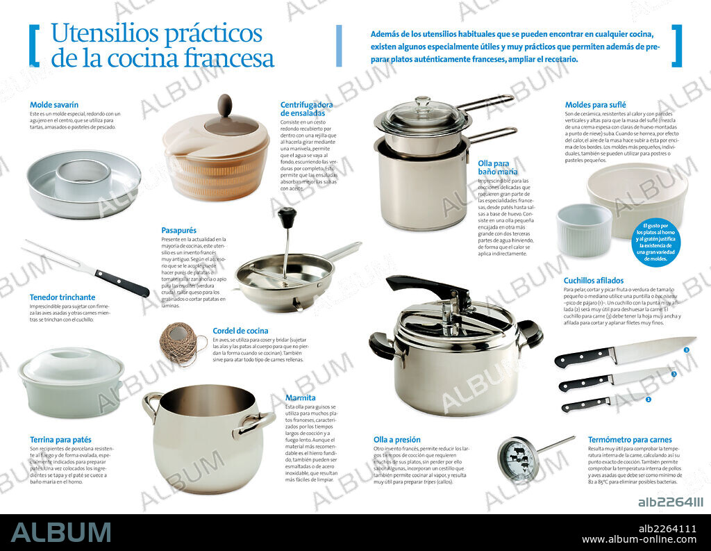 Utensilios prácticos de la cocina francesa. Infografía sobre los utensilios que se usan en la cocina francesa para elaborar sus platos típicos.