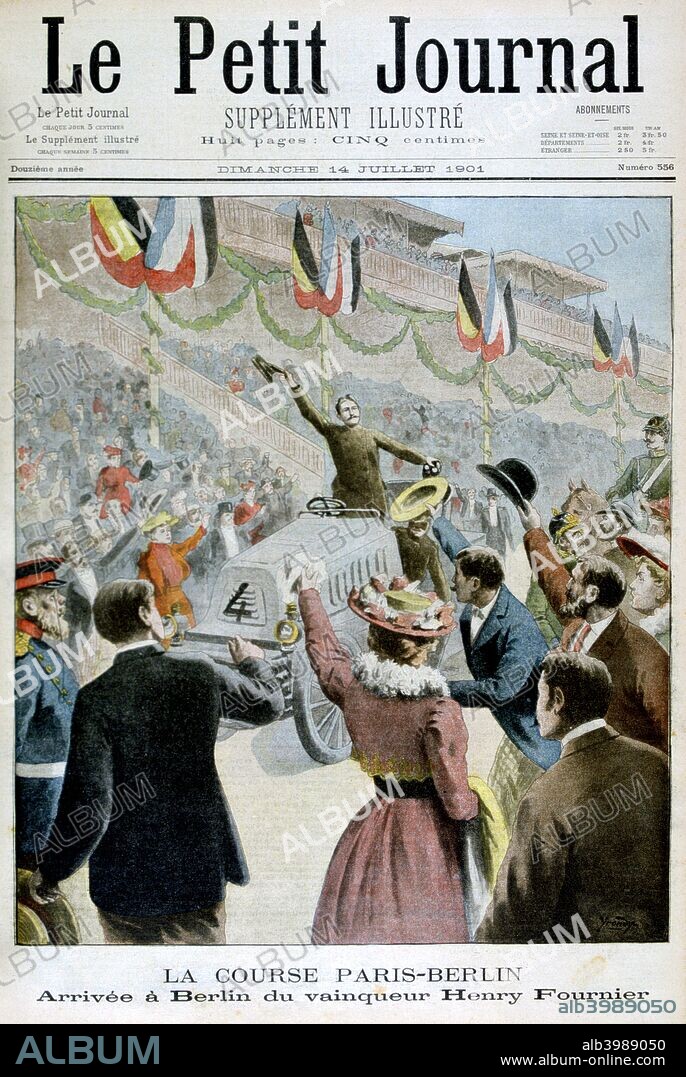 Paris Berlin Race, Arrival of the winner Henry Fournier, 1901. Illustration published in, Le Petit Journal, 14th July 1901.
