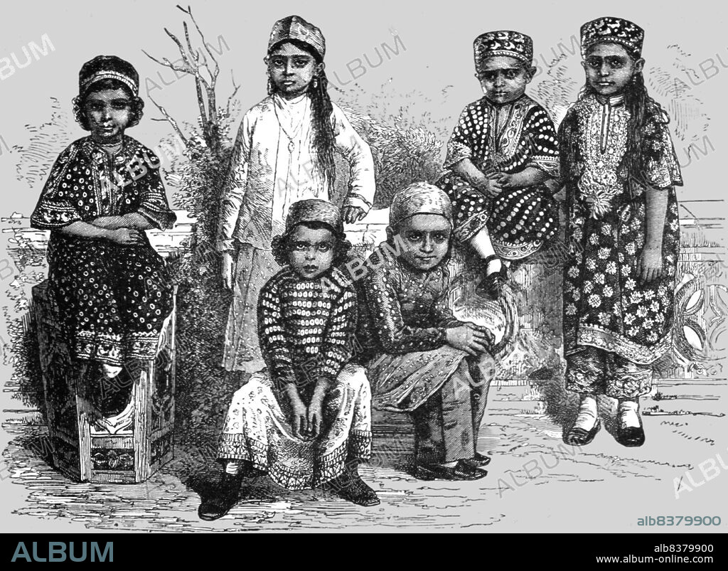 C. B. LOW. 'Parsee Children, Bombay; Notes on Bombay and the Malabar Coast', 1875. [Parsi children from what is now Mumbai, India]. From, 'Illustrated Travels' by H.W. Bates. [Cassell, Petter, and Galpin, c1880, London] Belle Sauvage Works.London E.C.
