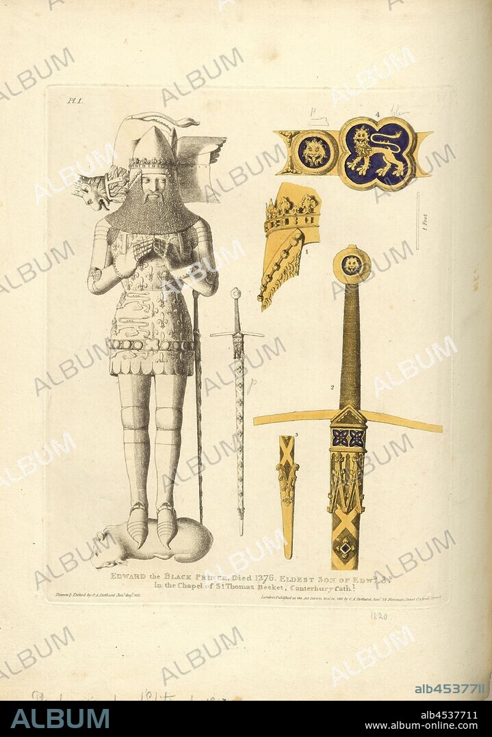 Edward the Black Prince, died 1376. Eldest son of Edw. 3. In the Chapel of St Thomas Becket, Canterbury Cath., Tomb of Edward of Woodstock at Canterbury Cathedral, signed: Drawn & Etched by C.A. Stothard Jun, Published by C.A. Stothard Jun, Fig. 94, Pl. 1, p. 66, Stothard, Charles Alfred Jun. (drawn, etched and publ.), Charles Alfred Stothard, Alfred John Kempe: The monumental effigies of Great Britain: selected from our cathedrals and churches, for the purpose of bringing together, and preserving correct representations of the best historical illustrations extant, from the Norman conquest to the reign of Henry the Eighth: dedicated by permission to the Prince Regent. London: printed by J. M'Creery [...], 1817-1832.