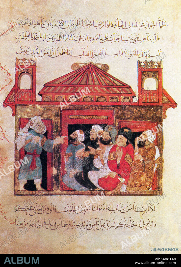 Yahya ibn Mahmod al-Wasiti was a 13th-century Arab Islamic artist. Al-Wasiti was born in Wasit in southern Iraq. He was noted for his illustrations of the Maqam of al-Hariri. Maqama (literally 'assemblies') are an (originally) Arabic literary genre of rhymed prose with intervals of poetry in which rhetorical extravagance is conspicuous. The 10th century author Badi' al-Zaman al-Hamadhani is said to have invented the form, which was extended by al-Hariri of Basra in the next century. Both authors' maqamat center on trickster figures whose wanderings and exploits in speaking to assemblies of the powerful are conveyed by a narrator. Manuscripts of al-Hariri's Maqamat, anecdotes of a roguish wanderer Abu Zayd from Saruj, were frequently illustrated with miniatures.