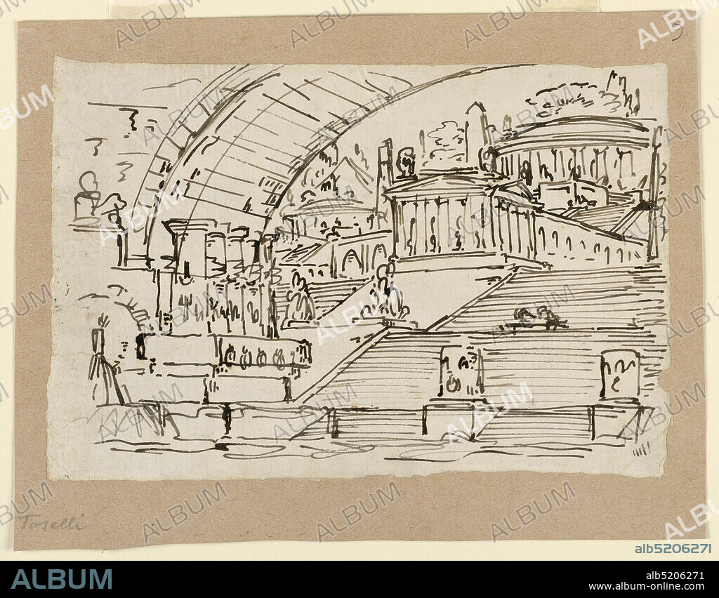Stage Design, Imaginary City, Pen and brown ink on paper with uneven edges, lined with cream paper, Horizontal rectangle. Design for a stage set. Broad staircases leading up to a group of classical temples of various shapes (rectangular and round). A large arch spans above the staircases., Italy, early 19th century, theater, Drawing, Drawing.