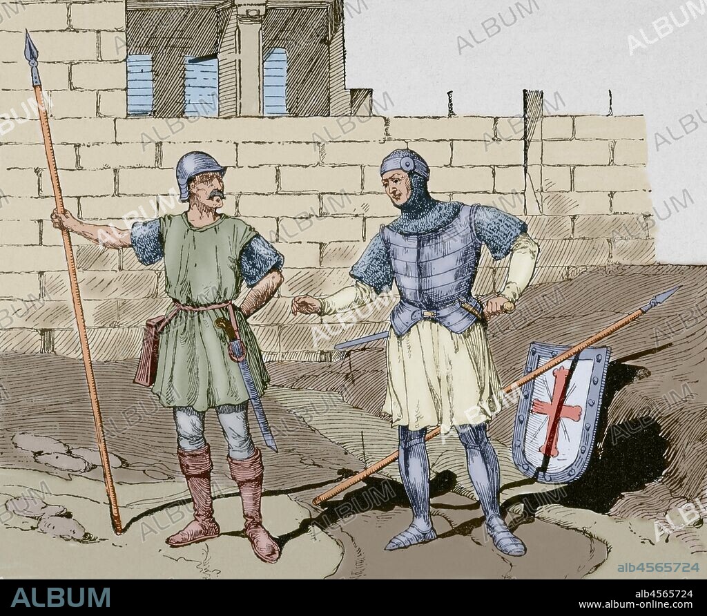 Iberian Peninsula. Castilian Soldiers. Medieval period. Engraving after a devotional book of the 14th century. Museo Militar, 1883. Later colouration.