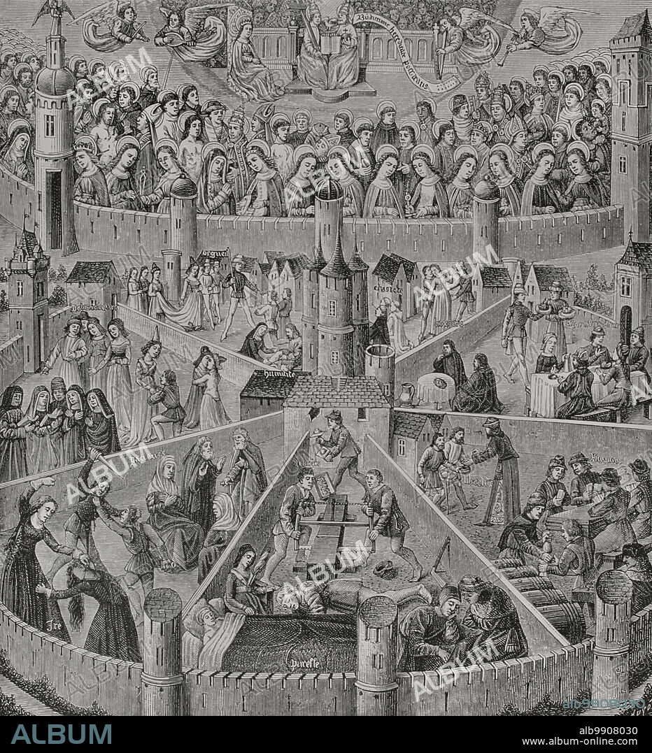 Heavenly city and earthly city. Representation of the "City of God" as imagined by St. Augustine. The upper part with the saints already welcomed into heaven. The seven lower compartments show those who are preparing themselves, through the exercise of Christian virtues, to be part of the eternal kingdom or to be excluded from it forever because of committing the Seven Deadly Sins. Engraving by Huyot from a miniature of Saint Augustine's "The City of God", mid-15th century. Detail. Sciences & Lettres au Moyen Age et à l'époque de la Renaissance. Paris, 1877.