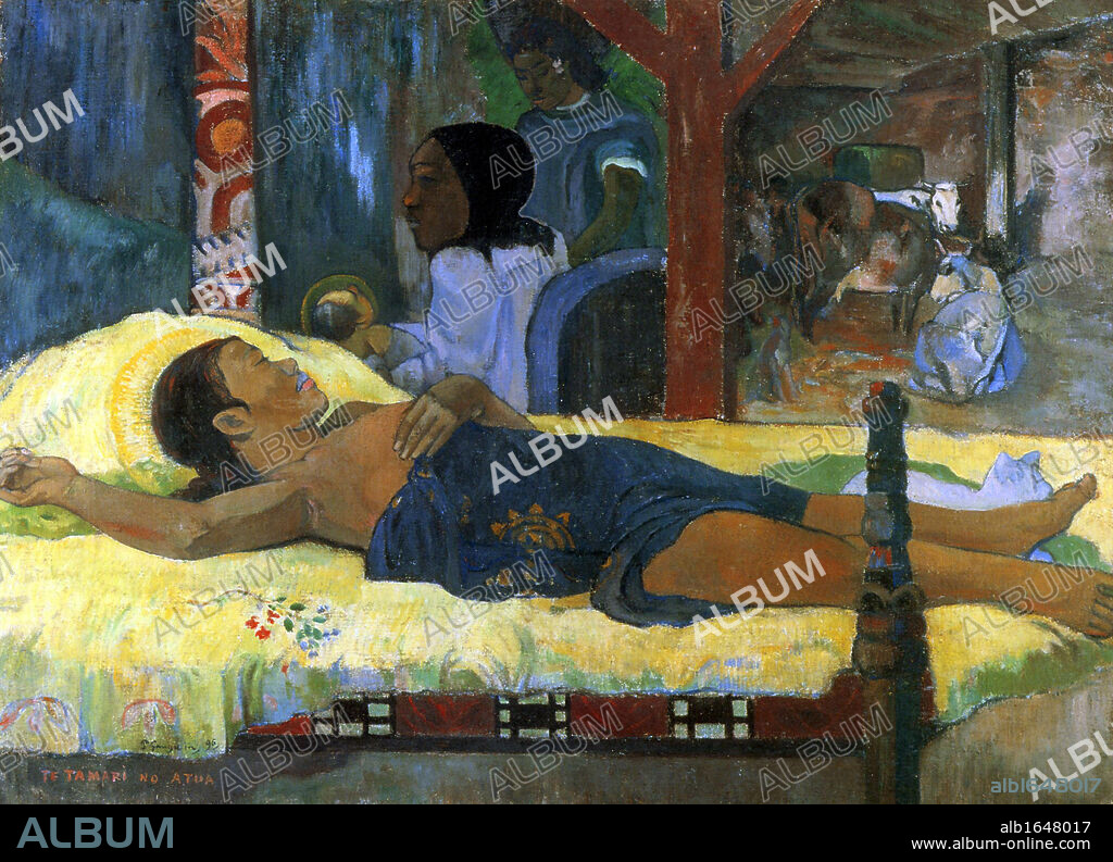 Te tamari no atua' (Nativity), 1896. Oil on canvas. Eugene Henri Paul Gauguin (1848-1903) Post-Impressionist French painter. Birth of Christ in a Tahitian setting. Religion Christian Birth.