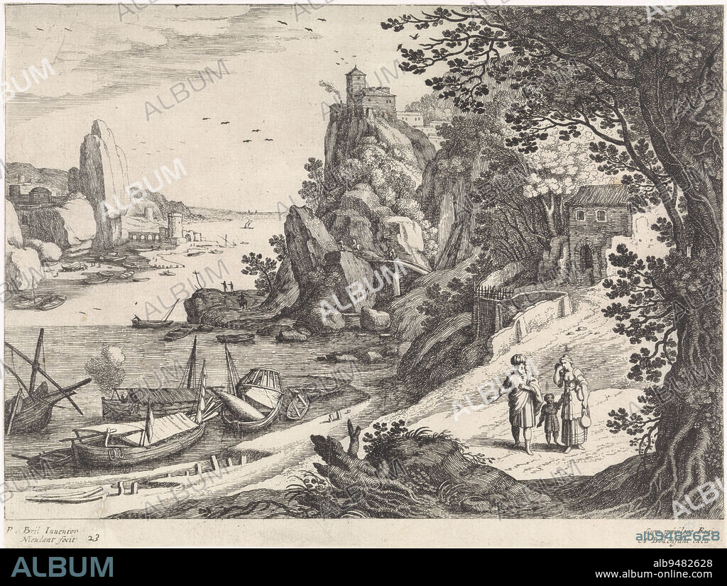 In an Italian landscape Abraham stands next to Hagar and Ishmael. Hagar has a jug in one hand and holds a cloth against her face with her other hand. In the background a bay with a rocky coast. In the water lie barges. Print from a series of Italian Landscapes, Landscape with the expulsion of Hagar and Ishmael Italian Landscapes (title series)., print maker: Willem van Nieulandt (II), (mentioned on object), Paul Bril, (mentioned on object), publisher: Antoine Bonenfant, (mentioned on object), Antwerp, 1594 - 1635, paper, etching, engraving, h 231 mm × w 306 mm.