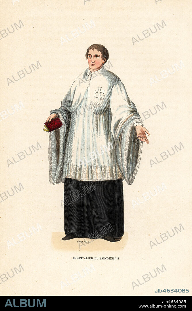 Hospitaler of the Order of the Holy Ghost, Hospitallers of the Holy Spirit, Roman Catholic order, Hospitalier de Saint Esprit. Handcoloured woodblock engraving by Duverger after an illustration by Jacques Charles Bar from Abbot Tirons Histoire et Costumes des Ordres Religieux, Librairie Historique-Artistique, Brussels, 1845.