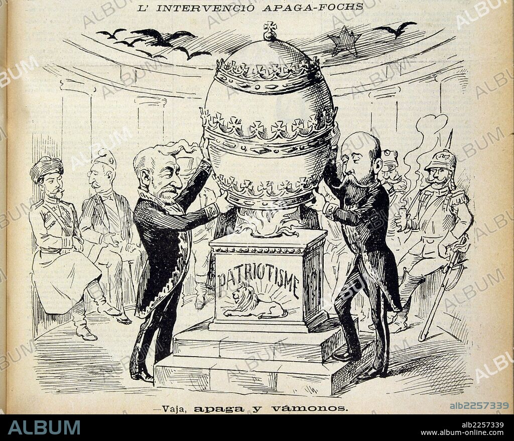 MORET , SEGISMUNDO. POLITICO ESPAÑOL. CADIZ 1838 - 1913. CARICATURA EN LA REVISTA SATIRICA " LA CAMPANA DE GRACIA " , AÑO 1898. JUNTO A SAGASTA Y LA MEDIACION VATICANA EN LA GUERRA DE CUBA.