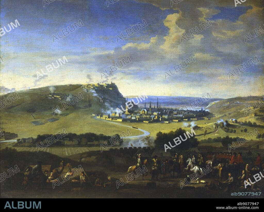 The Siege of Namur. Scene before the final attack, 5 August 1695 when the attackers finally took the town from the French. In foreground William III king of England in grey with prince Emmanuel of Bavaria and their staff. War of the Grand Alliance (Dutch, Spanish, German, England).  Jan van Huchtenburg (1647-1733). Oil on canvas. Private collection.