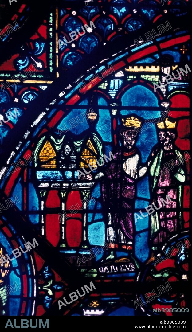 Constantine presents relics to Charlemagne, stained glass, Chartres Cathedral, France, c1225. Detail from the Charlemagne Window.