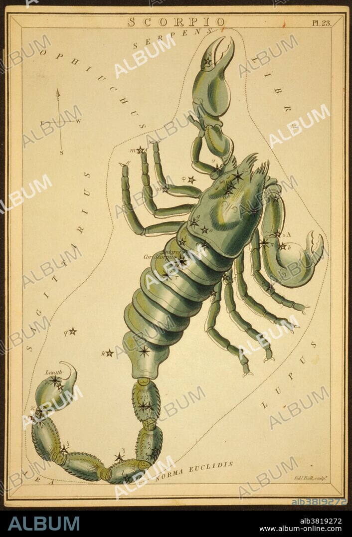 Astronomical chart showing a scorpion forming the constellation. Scorpius, sometimes known as Scorpio, is one of the constellations of the zodiac. Its name is Latin for scorpion. It is one of the 48 constellations described by the 2nd century astronomer Ptolemy, and remains one of the 88 modern constellations defined by the International Astronomical Union. In Greek Mythology the myths associated with Scorpio almost invariably also contain a reference to Orion. According to one of these myths Orion boasted to goddess Artemis and her mother, Leto, that he would kill every animal on the earth., so they sent a scorpion to deal with him. The pair battled and the scorpion killed Orion. The contest caught the attention of Zeus, who later raised the scorpion to heaven and afterwards, at the request of Artemis, did the same for Orion to serve as a reminder for mortals to curb their excessive pride. Scorpio is the eighth astrological sign in the Zodiac, linked to the constellation of Scorpius. It spans the 210-240th degree of the zodiac, between 207.25 and 234.75 degree of celestial longitude, an area which the Sun transits on average between October 23 and November 22 each year. Urania's Mirror is a boxed set of 32 constellation cards first published by Samuel Leigh of the Strand, London, in or shortly before 1825. An unidentified lady, referred to by her nom-de-plume, Jehoshaphat Aspin, designed these whimsical astronomy cards. The engraver was Sidney Hall.