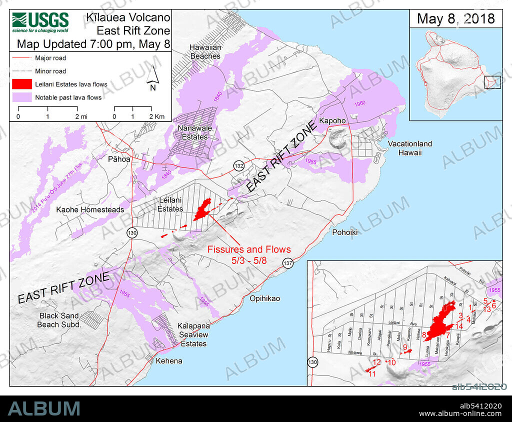Map showing the fissures and lava flows from Kilauea's lower East Rift Zone eruption, as of 7:00 p.m. HST, May 8, 2018.  Shaded purple areas indicate lava flows erupted in 1840, 1955, 1960, and 2014-2015.  The 2018 lava flows are in red.  Compare with the map from June 25 (SS21449783) to see how the lava flows have expanded and changed the coastline.
