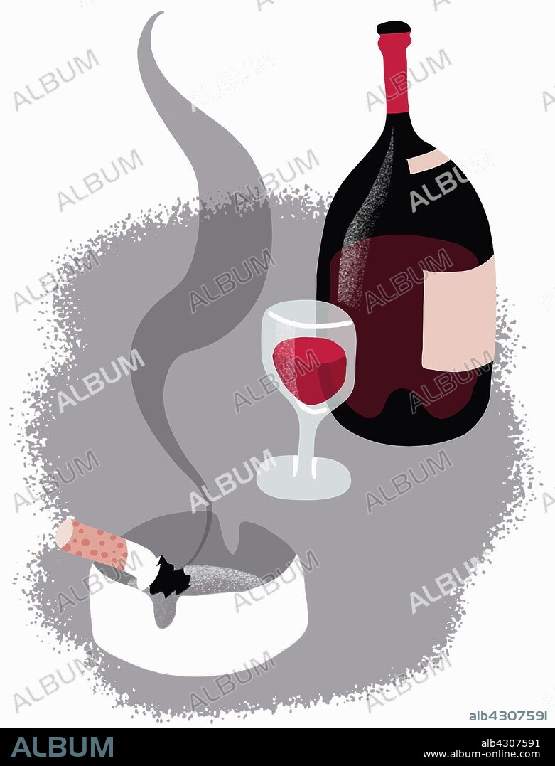 Unhealthy lifestyle with smoking cigarette butt in ash tray next to glass and bottle of red wine.