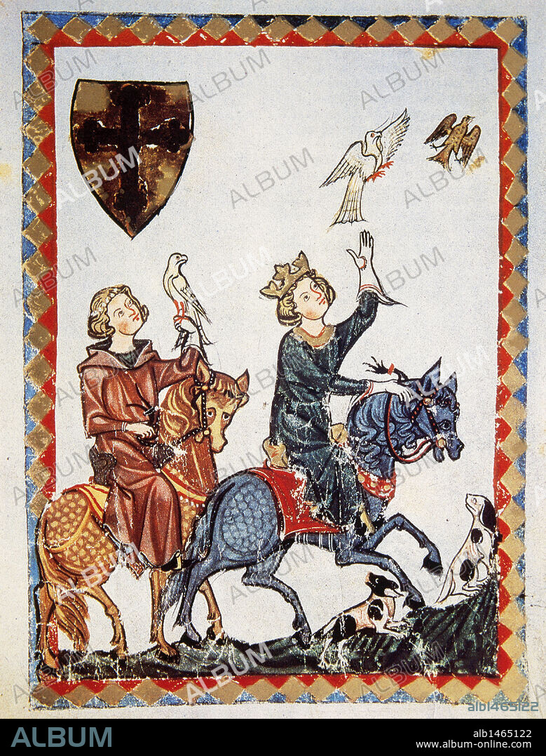 CONRADO V de Hohenstaufen o CONRADINO (Wolfstein, 1252-Nápoles, 1268). Rey de Sicilia (1254-1268) y soberano de Jerusalén, último de la familia Hohenstaufen. "EL REY CONRADINO DE SUABIA DURANTE LA CAZA DEL HALCON". Miniatura del CODICE MANESSE (h.1300), realizado por Rudiger Manesse y su hijo Johannes. Fol. 7r. Biblioteca Universitaria. Heidelberg. Alemania.