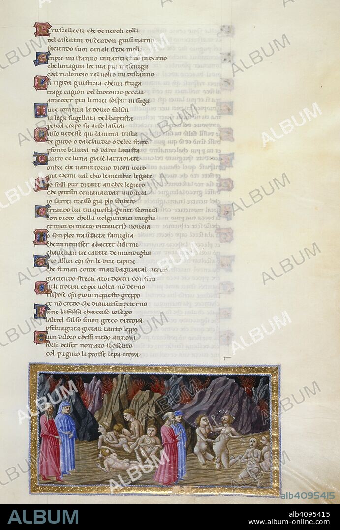 DANTE ALIGHIERI. Inferno, Canto XXX. Miniature shows Dante and Virgil observing the falsifiers; Dante and Virgil observe Master Adam and Simon of Troy fighting; Potiphar's wife, and another Falsifier. Divine Comedy. Italy [Tuscany]; 1442-1450. Source: Yates Thompson 36, f.55. Language: Italian.