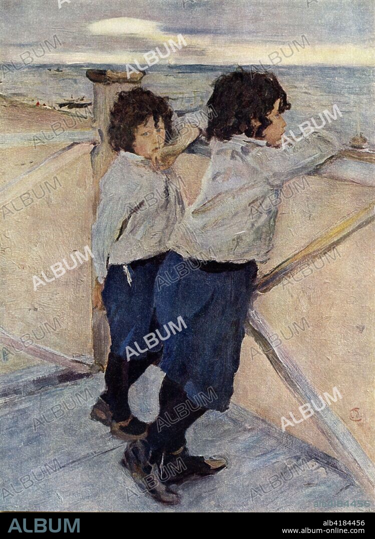 'Children', 1899, (1939). Portrait of the artist's sons, Yura and Sasha. Valentin Serov (1865-1911) attended the St Petersburg Academy of Arts and became an important portrait painter. Painting in the collection of The State Russian Museum, St Petersburg, Russia. From "The Russian State Museum". [State Art Publishers, Moscow and Leningrad, 1939].
