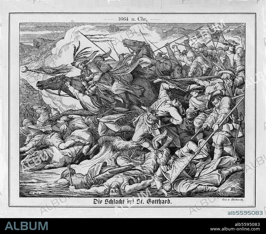 Türkenkrieg Österreichs 1663/64. Sieg des Grafen Raimund Montecuccoli über die Türken am 1. August 1664 bei St. Gotthard-Mogersdorf an der Raab. "Die Schlacht bei St. Gotthard". Holzstich, um 1860, nach Zeichnung von Adolf Ehrhardt (1813-1899). 15 × 19,4 cm. Berlin, Sammlung Archiv für Kunst und Geschichte.