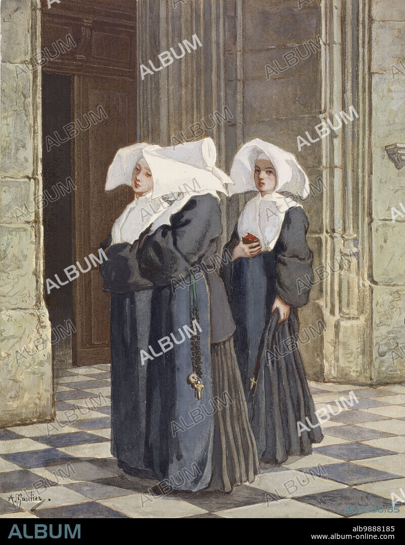 ARMAND GAUTIER. Three Nuns in the Portal of a Church, c1860. This painting depicts three Daughters of Charity of St. Vincent de Paul in their traditional attire (worn until the 1960s). The sisters established their first mission in Baltimore in 1822. This watercolour by a French artist is not dated, but as William T. Walters puchased many works on paper while in Paris during the Civil War, it likely dates from before 1865.