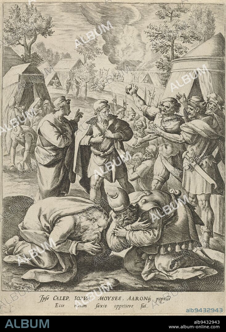 Moses and Aaron throw themselves to the ground while Joshua and Caleb tear their clothes. They told the people that they had to trust in God on which the people threaten to stone them. In the background the meeting tent of the Israelites. In the margin a two-line caption in Latin, The people of Israel threaten to stone Moses, Aaron, Joshua and Caleb Triumph of Martyrdom (series title) Triumphus Martyrum (series title), print maker: Crispijn van de Passe (I), (mentioned on object), Maerten de Vos, (mentioned on object), publisher: Sadeler, (mentioned on object), Antwerp, 1591, paper, engraving, h 193 mm × w 140 mm.
