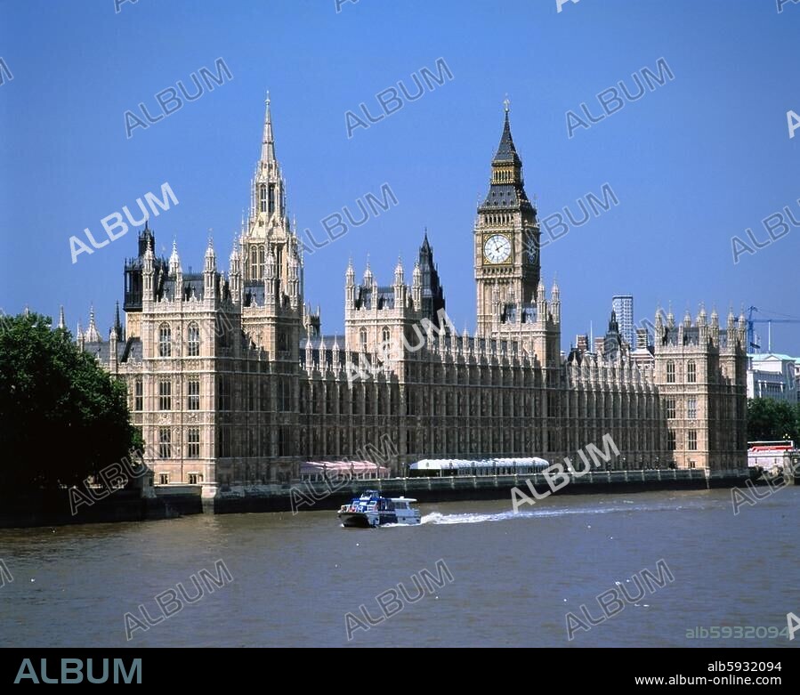Houses of Parliament, Westminster Palace, built 1840 - 1888 by Charles Barry and A.W.Pugin. Seat of the English Parliament. Victoria Tower. (built 1858, 102 m high). Big Ben, (built 1859, 97 m high). London, England, Britain.- Photo.-.