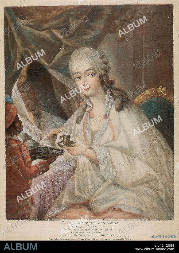 JEAN BAPTISTE ANDRÉ GAUTIER D'AGOTY. Madame du Barry. Jean-Baptiste-André Gautier D'Agoty; French, 1740-1786. Date: 1771. Dimensions: 399 × 312 mm (plate); 447 × 336 mm (sheet). Color aquatint, hand applied opaque white and embossing on laid paper. Origin: France.