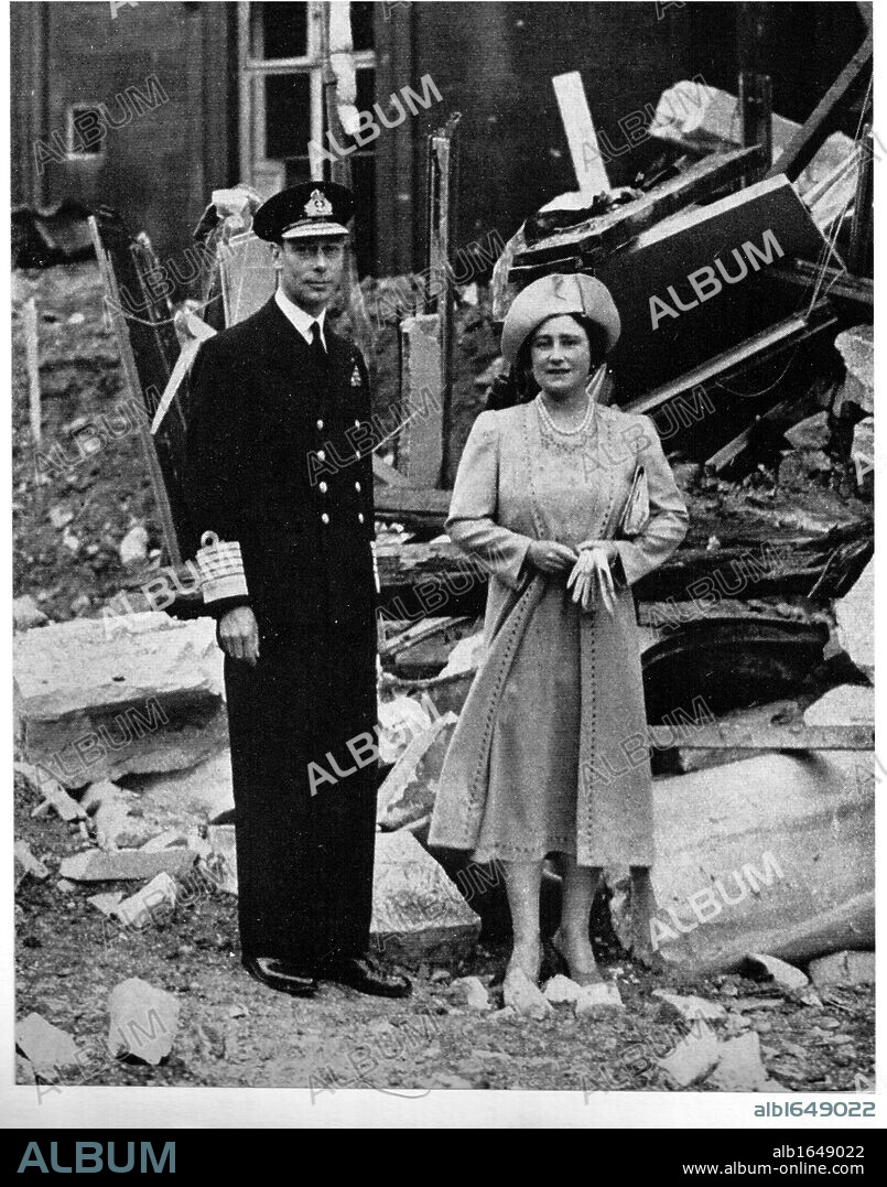 George VI (1895-1952) and Queen Elizabeth (1900-2002) standing among the bomb damage at Buckingham Palace, London.  During the Blitz, the German bombing of London in World War II, between 7 September 1940 and 10 May 1941 the Palace was bombed seven times.