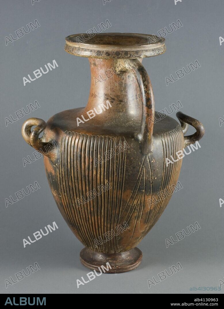 ANCIENT GREEK. Hydria (Water Jar). Greek; Campania (?), Italy. Date: 400 BC-350 BC. Dimensions: 38.4 × 29.2 × 27.8 cm (15 1/8 × 11 1/2 × 9 in.). Terra-cotta, decorated in the black-glaze technique. Origin: Greece.