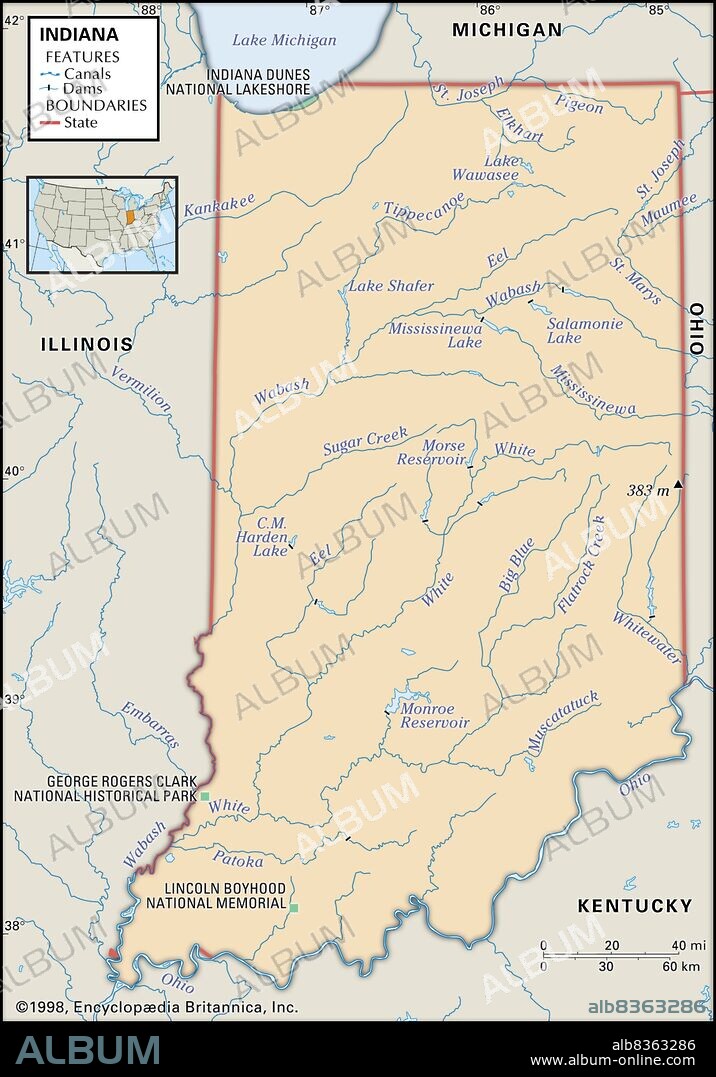 Physical map of Indiana.
