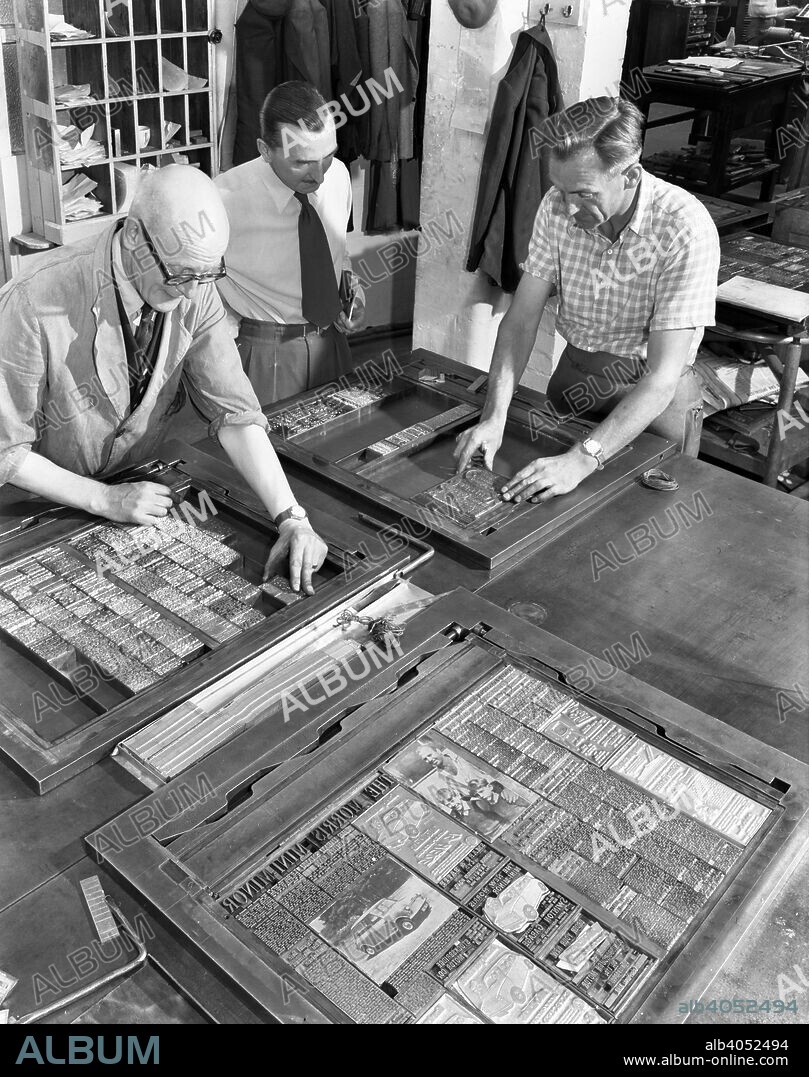 Newspaper typesetting, Mexborough, South Yorkshire, 1959. Typesetters from the South Yorkshire Times composing pages for the newspaper. Wooden or metel blocks (called furniture) were used to wedge the type against the 'chase'. This could then be lifted and taken to the printing press. In the centre is Dick Ridyard, the sub-editor at the time.