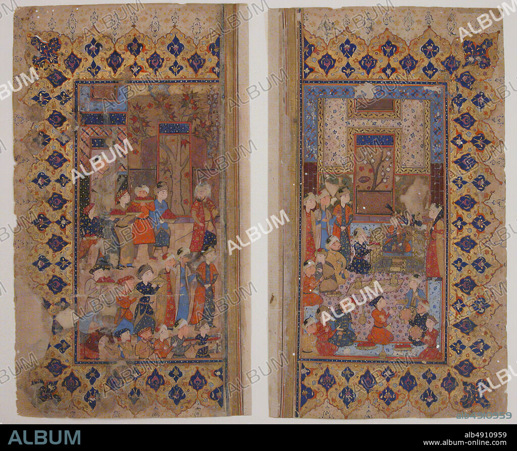 Maulana Nur al-Din `Abd al-Rahman Jami, 'Enthronement of a Young Prince (Shapur II?)', Folio from a Yusuf and Zulaikha of Jami, Maulana Nur al-Din `Abd al-Rahman Jami (141492), Folio from an illustrated manuscript, second half 16th century, Attributed to Iran, Shiraz, Opaque watercolor and gold on paper, H. 9 in. (22.9 cm), W. 5 1/4 in. (13.3 cm), H. 9 in. (22.9 cm), W. 5 1/4 in. (13.3 cm), Codices.