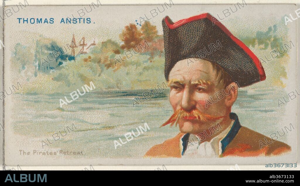 Thomas Anstis, The Pirates' Retreat, from the Pirates of the Spanish Main series (N19) for Allen & Ginter Cigarettes. Dimensions: Sheet: 1 1/2 x 2 3/4 in. (3.8 x 7 cm). Lithographer: George S. Harris & Sons (American, Philadelphia). Publisher: Allen & Ginter (American, Richmond, Virginia). Date: ca. 1888.
Trade cards from the "Pirates of the Spanish Main" series (N19), issued ca. 1888 in a set of 50 cards to promote Allen & Ginter brand cigarettes.