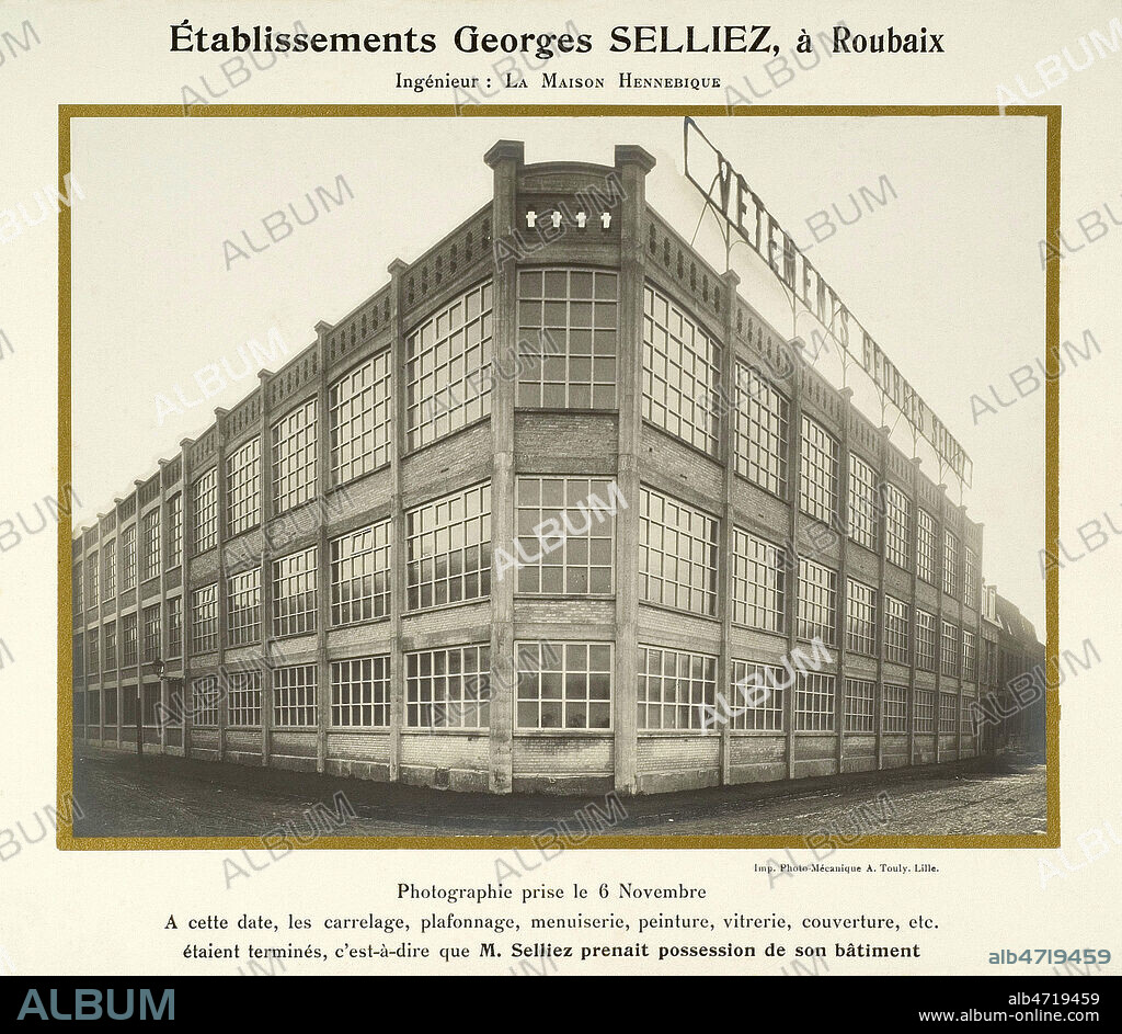 Etablissement Georges Selliez a Roubaix construit par la maison Hennebique. Photographie anonyme vers 1930. Credit : Coll. Brice / KHARBINE-TAPABOR.