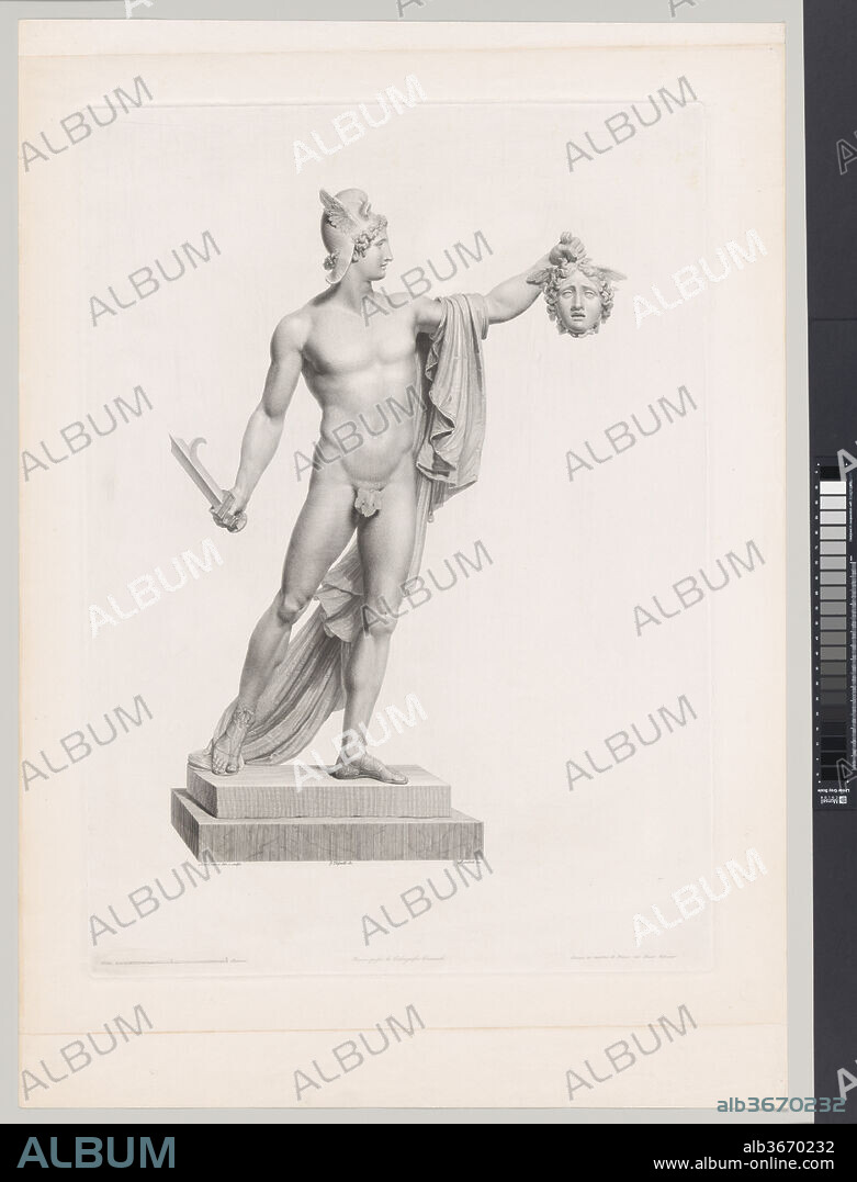 Perseus Triumphant. Artist: Domenico Marchetti (Italian, Rome ca. 1780-after 1844 Rome); Intermediary draughtsman Giovanni Tognolli (Italian, Bieno 1786-1862 Rome (?)); After Antonio Canova (Italian, Possagno 1757-1822 Venice). Dimensions: Plate: 24 7/8 × 17 15/16 in. (63.2 × 45.5 cm)
Sheet: 31 in. × 21 15/16 in. (78.7 × 55.7 cm). Date: 1813.
One of the most heroic acts of Perseus, son of Jupiter and the mortal princess Danae, was the beheading of the snake-haired Medusa. In a witty play on the power of the Gorgon's severed head to turn men to stone, Canova's hero looks directly at it and has indeed become marble. The sculptor created his first version of the Perseus, shown here, on his own initiative and in secrecy. In 1801 it was revealed to such acclaim that Pope Pius VII (r. 1800-1823) installed it in the niche formerly occupied by the revered Apollo Belvedere, which had been carried off to France by Napoleon. A visiting Polish countess requested a replica, which Canova completed in 1806. That second version, more fluent and lyrical in its treatment, is now in the Metropolitan Museum (67.110.1).