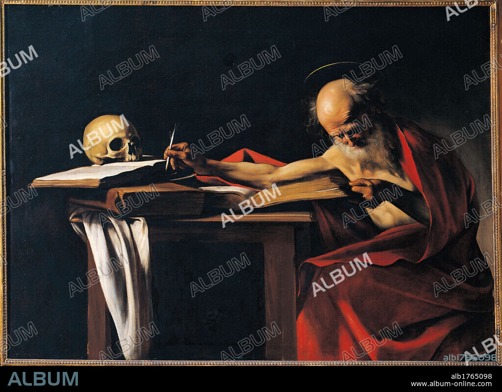 St Jerome, by Michelangelo Merisi known as Caravaggio, 1605 about, 17th Century, oil on canvas, cm 116 x 153. Italy, Lazio, Rome, Borghese Gallery. All. St Jerome red cloak mantle beard books skull desk. Authorization required for non editorial use.