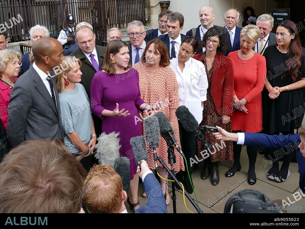 Jo Swinson the British Liberal Democrat leader addresses the press after returning to Parliament, after the Supreme Court annulled the prorogation of Parliament. 25th September 2019. Most of the Liberal Democrat MP's are present in including: Dr Phillip Lee, Chuka Umunna, Wera Hobhouse, Ed Davey, Christine Jardine, Jane Dodds, Layla Moran, Angela Smith, Lucian Berger, Jamie Stone, Vince Cable and Tom Brakes were present.