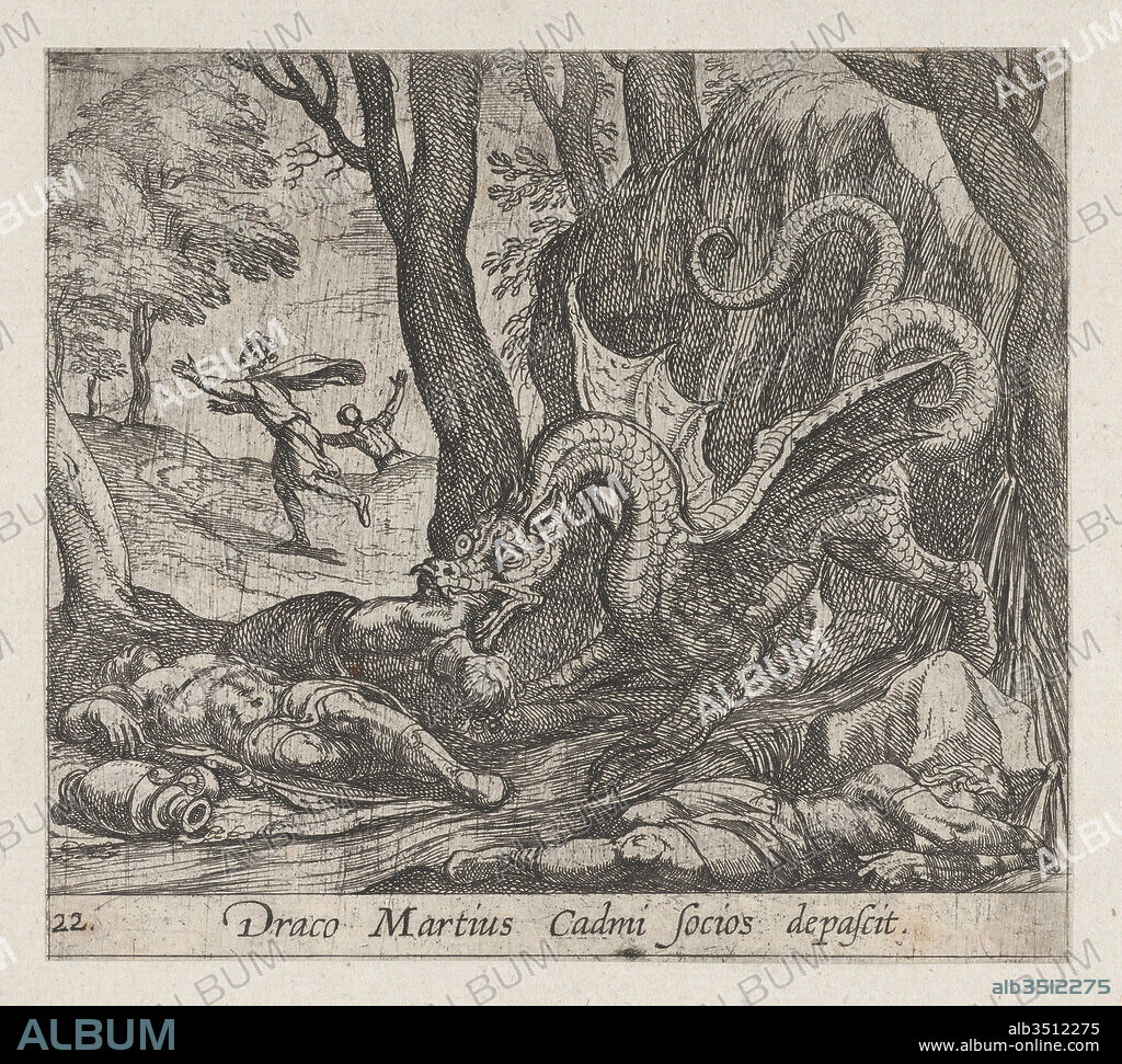Plate 22: Cadmus's Men Killed by the Serpent (Draco Martius Cadmi socios depascit), from Ovid's 'Metamorphoses', 1606, Etching, sheet: 15 3/16 x 20 1/2 in. (38.5 x 52 cm), Prints, Antonio Tempesta (Italian, Florence 1555–1630 Rome).