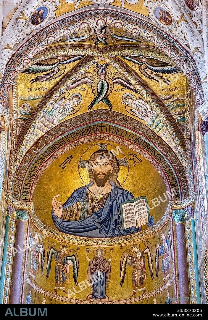 Christ Pantocrator mosaic in Byzantine style, presbyterium of Santissimo Salvatore Cathedral, Cefalù Cathedral, Cefalù, Province of Palermo, Sicily, Italy