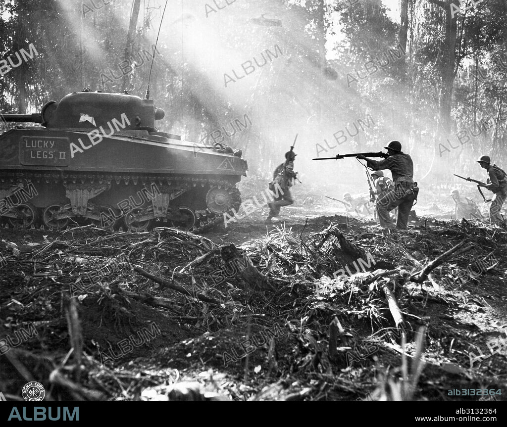 Bougainville Island, Papua New Guinea:  March, 1944 U.S. Army forces fighting the Japanese with tanks and troops.
