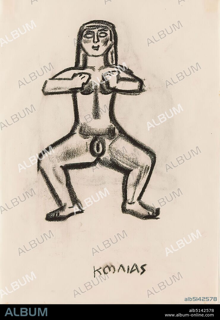 Gustav Heinrich Wolff, Standing female nude with spread legs, parchment, charcoal for drawing, drawing, charcoal on parchment, Total: Height: 21.8 cm; Width: 15.8 cm, inscribed: recto below with charcoal in Greek characters, drawing, graphics, sketches, standing female nude, female nude, Classic Modernism.