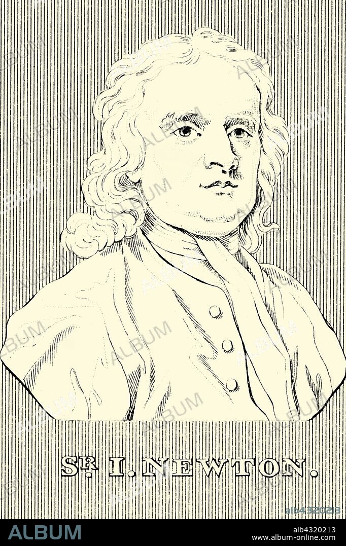 'I. Newton', (1642-1727), 1830. Sir Isaac Newton (1642-1727) English mathematician, physicist, astronomer, theologian, and author, educated at  Trinity College, Cambridge.  From "Biographical Illustrations", by Alfred Howard. [Thomas Tegg, R. Griffin and Co., J. Cumming, London, Glasgow and Dublin, 1830].