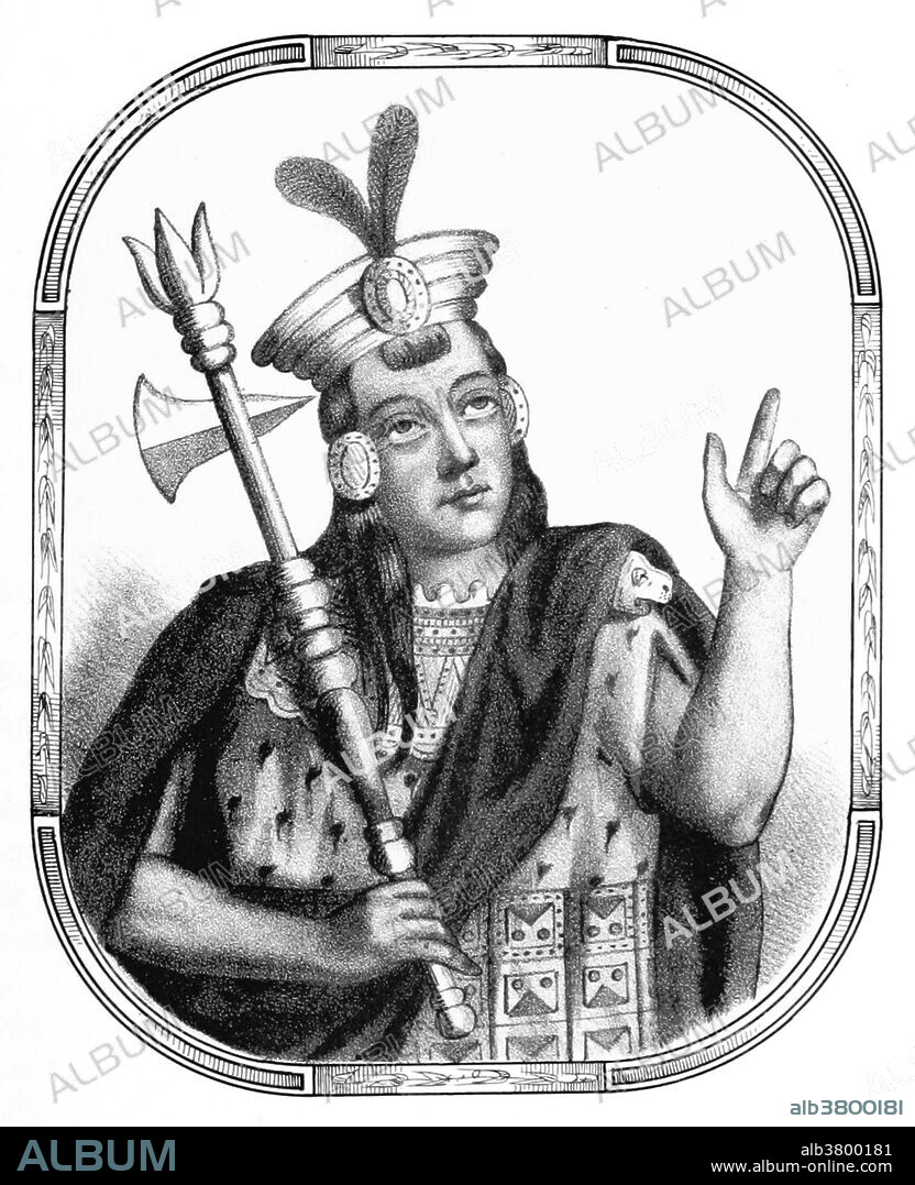 Huayna Capac (1464/1468 - 1527) was the third Sapa Inca of the Inca Empire. The Inca empire reached the height of its size and power under his rule, stretching over much of Bolivia, Peru, Argentina, Chile, Ecuador, and southwestern Colombia. In addition to building temples and other works, he greatly expanded the road network. He had storehouses built along it for food so that aid could be quickly rushed to any who were in danger of starvation. Huayna contracted a fever, perhaps from measles or smallpox. The Spaniards had carried smallpox to South America, and the Native Americans had not acquired immunity against it. Huayna and millions of other South and Central Americans died in that epidemic. He died at the age of 63. Image taken from page 99 of "Recuerdos de la Monarquia Peruana, Ã³ bosquejo de la historia de los Incas, etc" by Justo Sahuaraura, 1850.