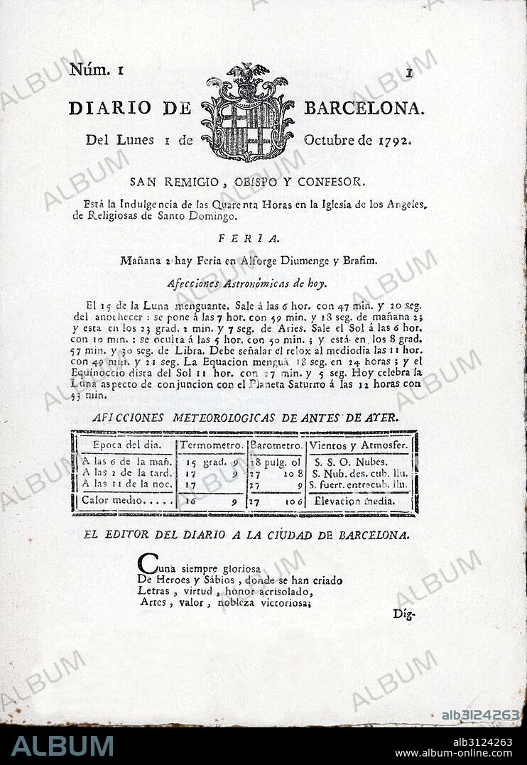 Diario de Barcelona. Nº 1 del lunes 1 de octubre de 1792.