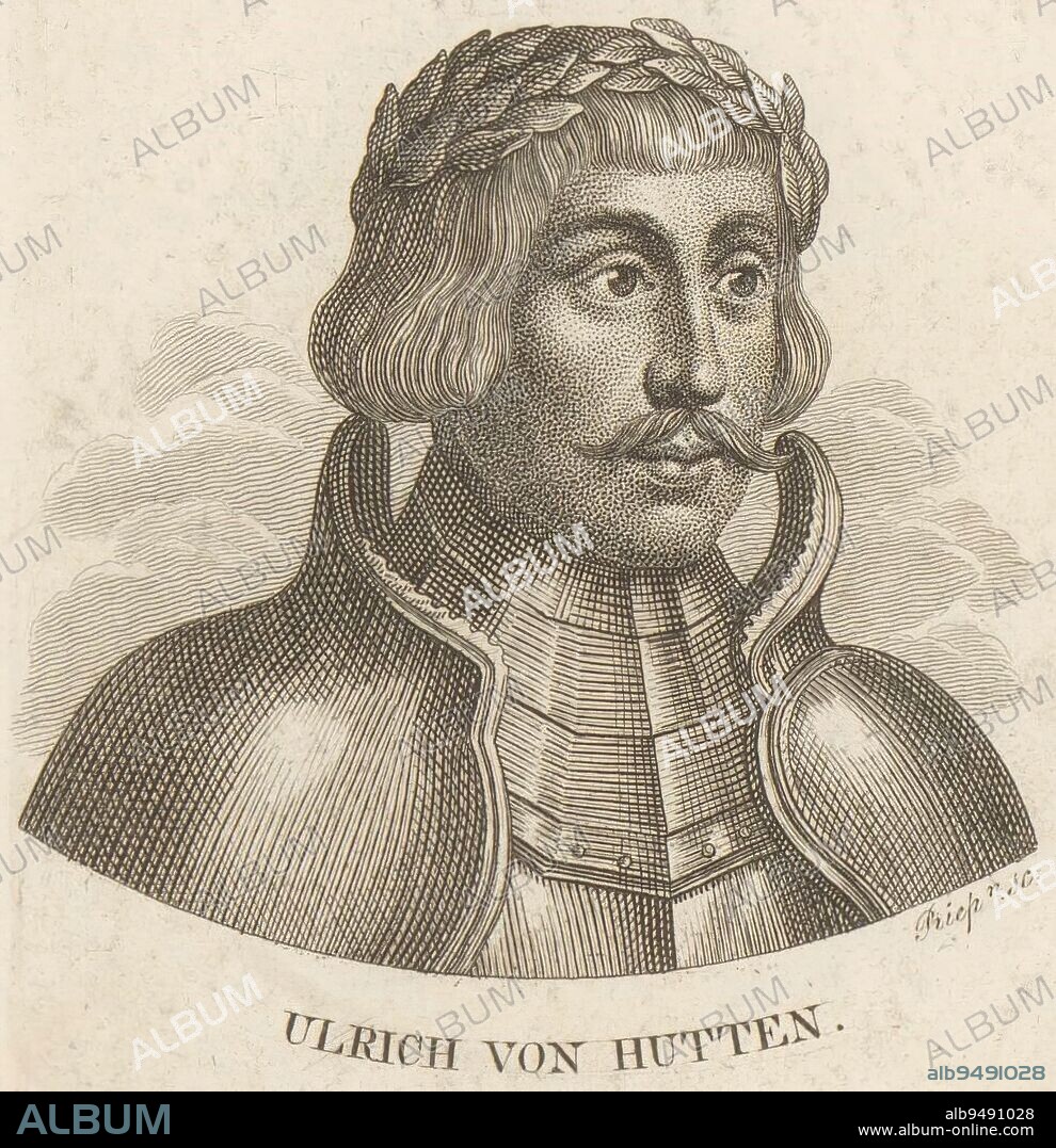 Portrait of Ulrich von Hutten, Ernst Ludwig Riepenhausen, 1775 - 1840, print maker: Ernst Ludwig Riepenhausen, (mentioned on object), 1775 - 1840, paper, engraving, h 90 mm - w 79 mm.