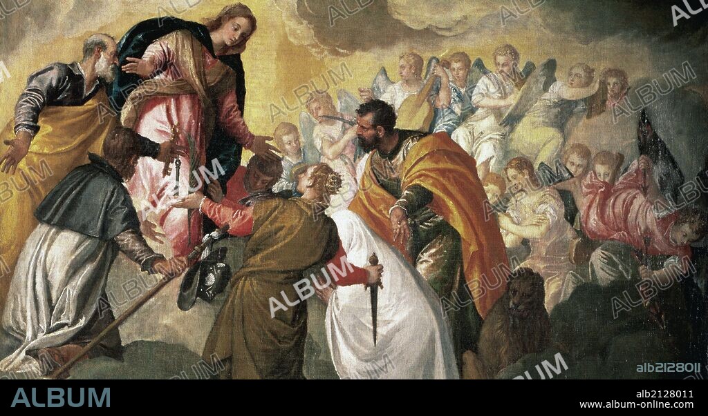 PAOLO VERONESE. ARTE RENACIMIENTO. ITALIA. VERONESE o VERONES, Paolo Caliari, llamado Il (Verona, 1528-Venecia, 1588). Pintor italiano. "LA BATALLA DE LEPANTO". (Detalle de la parte superior del lienzo). Galeria de la Academia. Venecia. Italia.