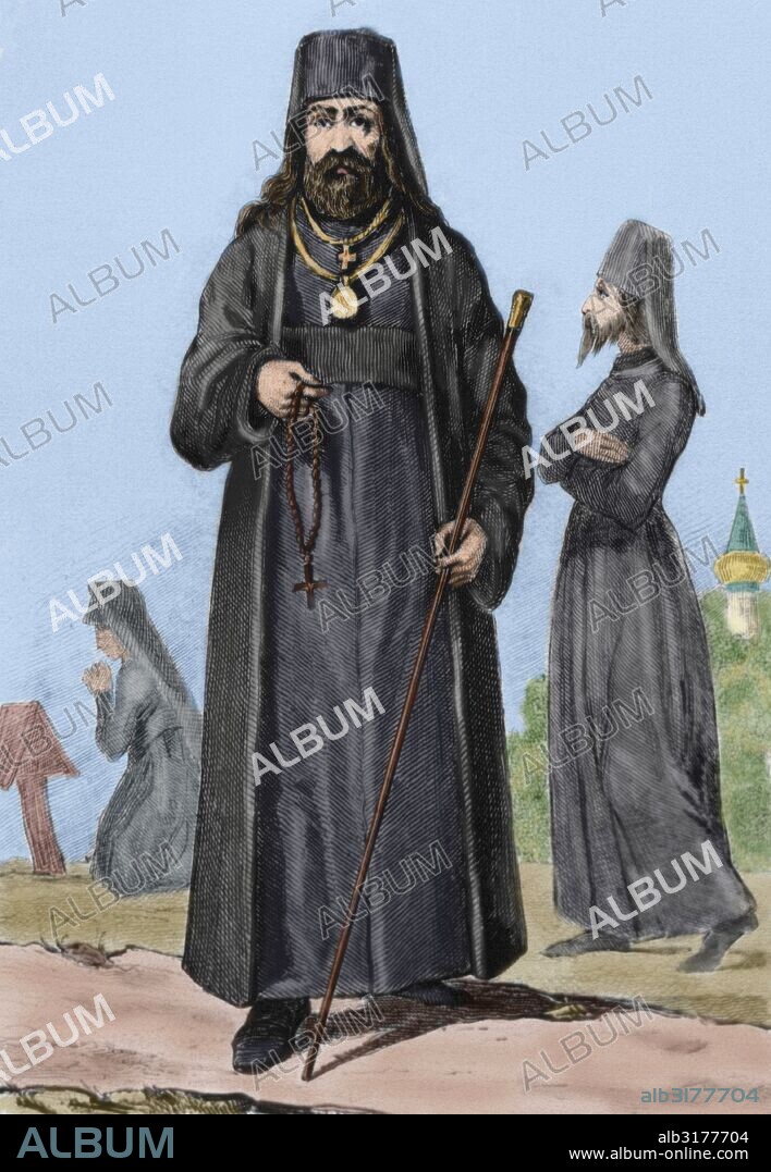 HISTORIA DE LA IGLESIA ORTODOXA. ARCHIMANDRITA RUSO. Dignidad eclesiástica del estado regular, de rango inferior al de obispo. RUSIA. Grabado del siglo XVIII. Coloreado.